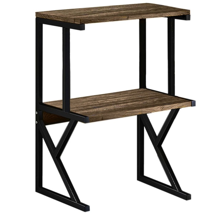 Raft cuptor microunde, Quasar & Co.®, suport bucatarie, rafturi cu 2 niveluri, etajera cu cadru metalic si polite lemn, model Duo, 54x37x68,5 cm, negru-nuc