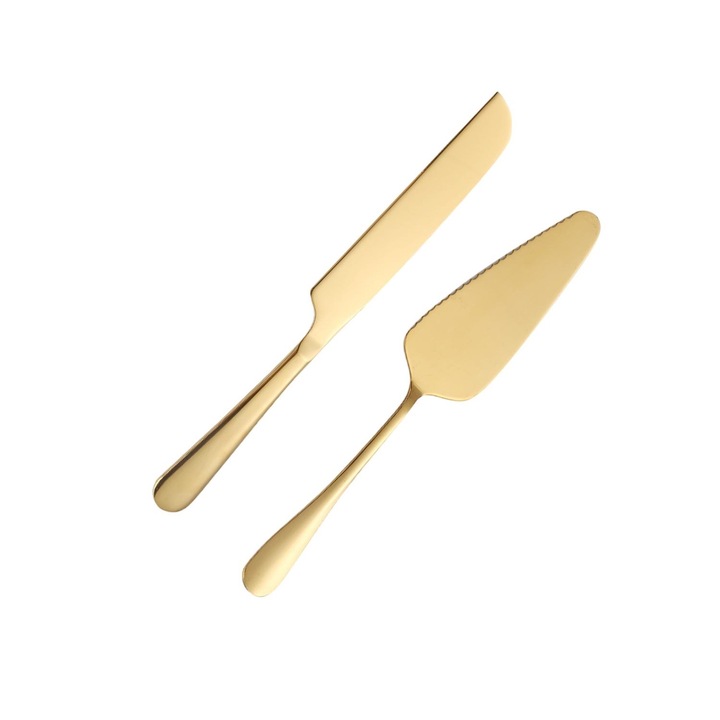 Set spatula si cutit pentru tort, Inox, 27.8cm/22.5cm, Auriu