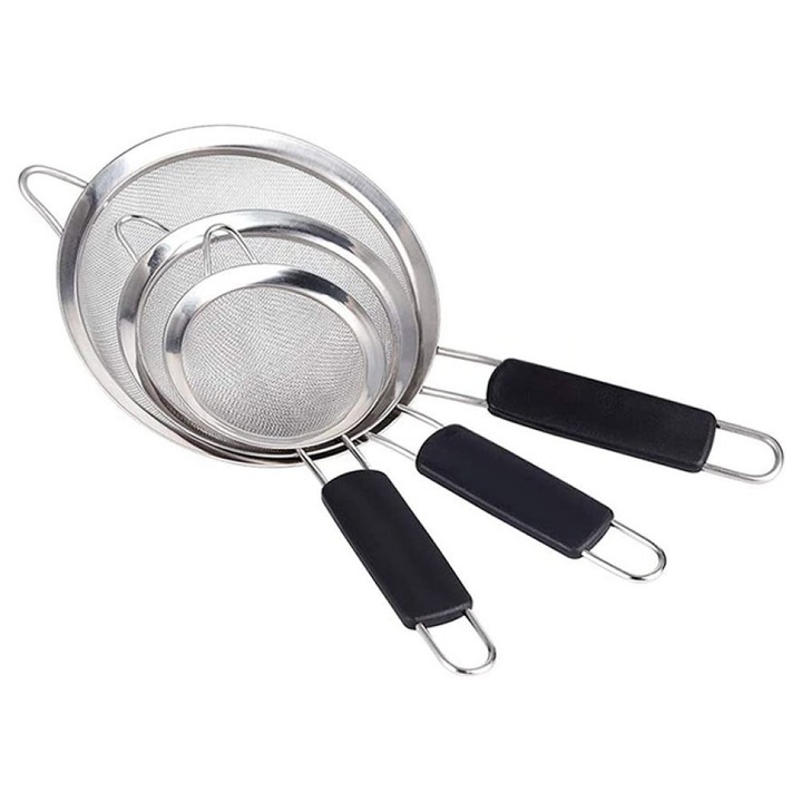 Set 3 Sita pentru bucatarie, Inox, Argintiu/Negru