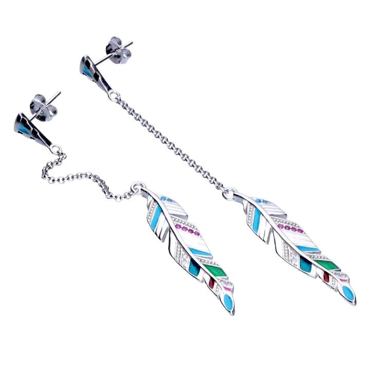 Cercei Silver Berry, Pene Colorate, lungi, cu zirconia si smalt, din argint