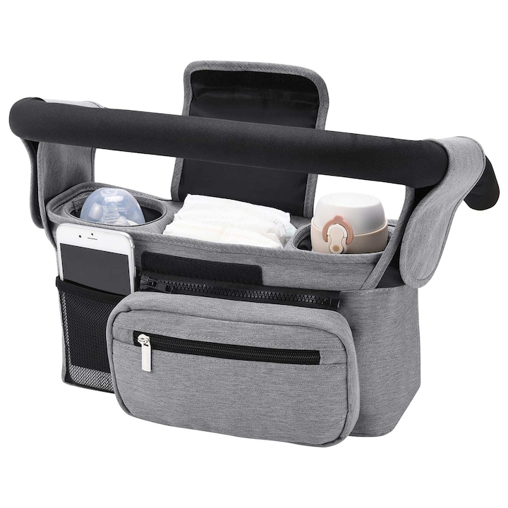 Органайзер за количка, Vaxiuja, разделен, чанта с универсален захват, джоб за телефон, отделения за бебешко шише, 33 x 10 x 16 см, черен