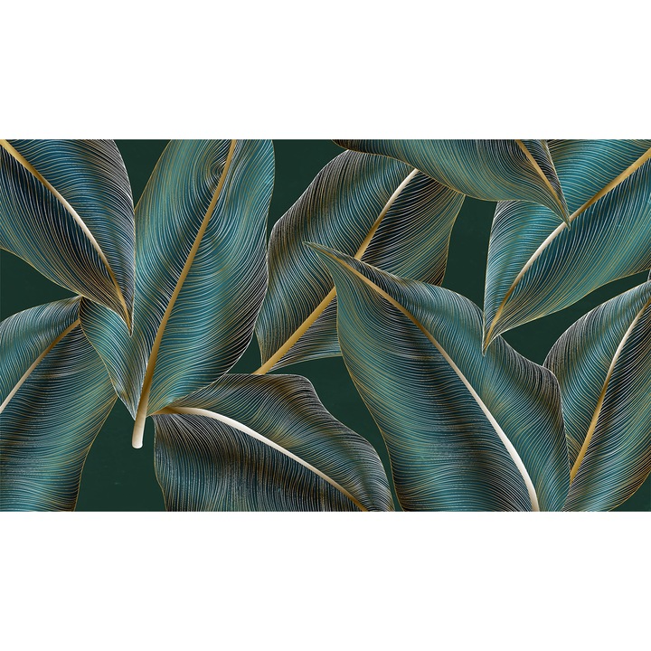 Fototapet fara imbinari H 250 cm x L 400 cm Frunze Tropicale Verzi Detalii aurii