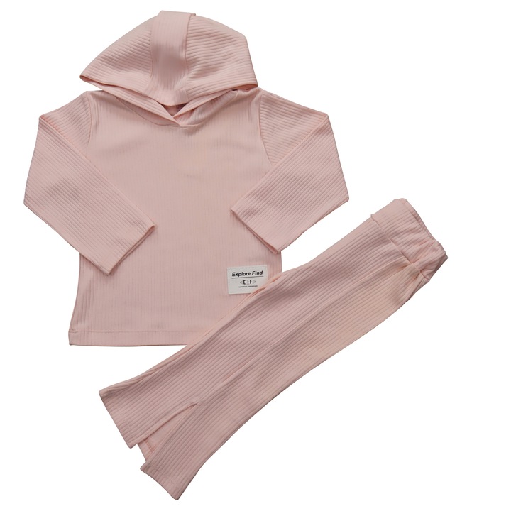 Compleu Reiat 2 Piese Pentru Fete "Bella" Hanorac Cu Gluga Si Pantaloni Lungi Evazati Cu Slituri Frontale, Bumbac, Roz pudrat