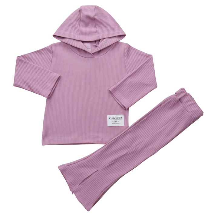 Compleu Reiat 2 Piese Pentru Fete "Bella" Hanorac Cu Gluga Si Pantaloni Lungi Evazati Cu Slituri Frontale, Bumbac, Violet tyrian