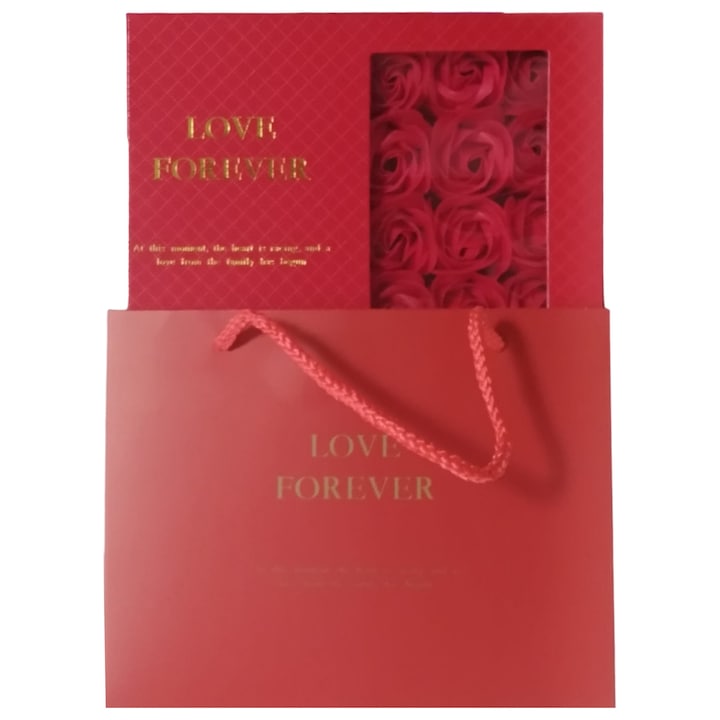 Cutie rosie pentru cadou, cu aranjament de trandafiri parfumati din sapun si compartiment special de amplasat bijuterie - GB001