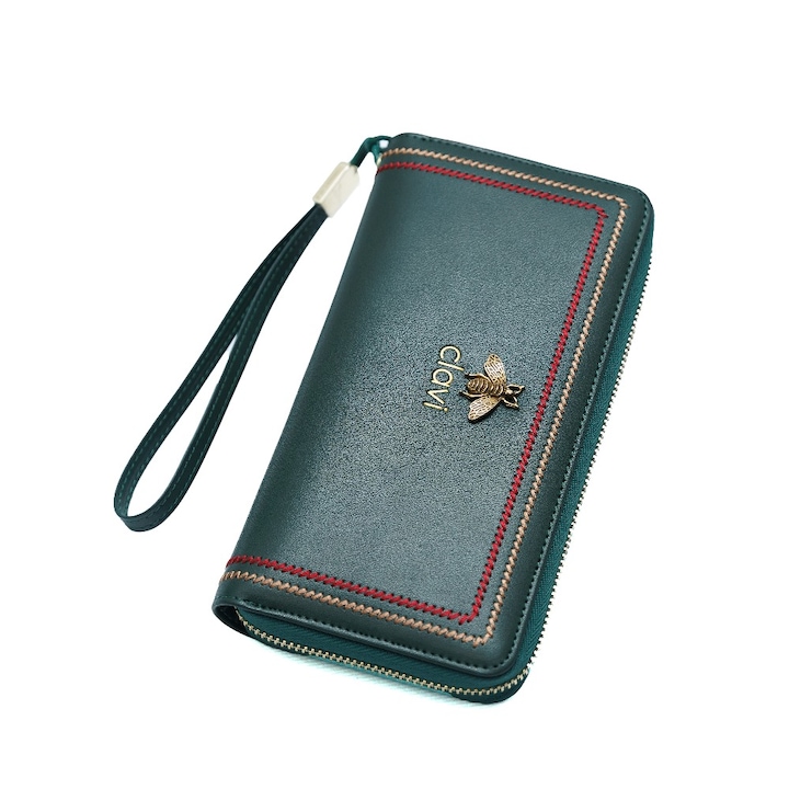 Portofel de Dama din Piele Naturala Clavi, cu Accesoriu, Spatios, cu Protectie RFID, Dimensiuni 20x10.5x3.5 cm, Verde