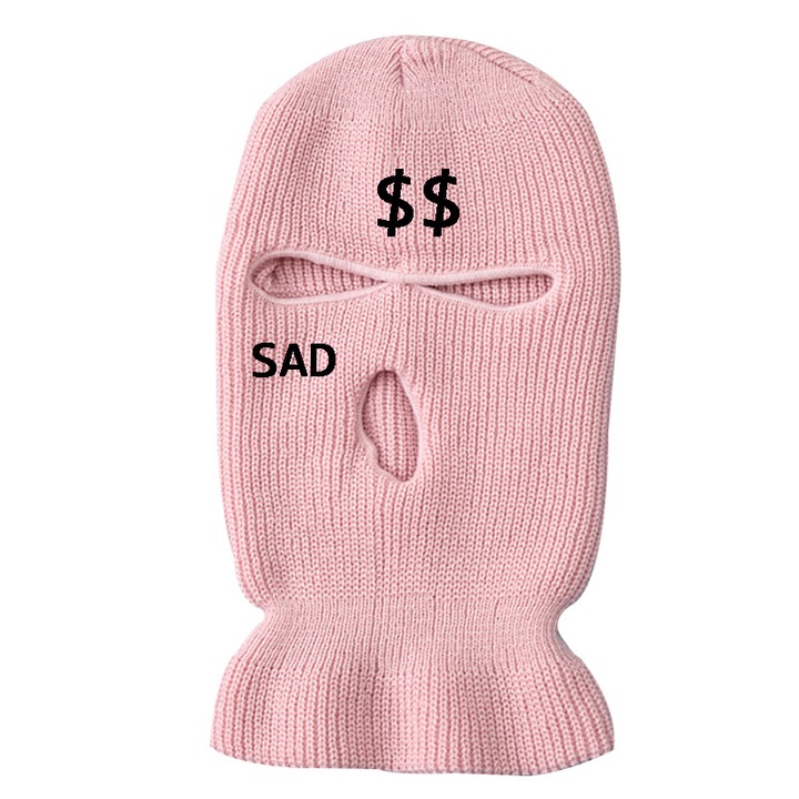 Cagula Hip hop tip Balaclava unisex, brodat cu model SAD si semn dolar, marime universala, trei gauri, Tessero, roz