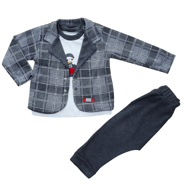 Compleu Elegant 3 Piese, Pentru Bebelusi, "Fashion", Jacheta, Body Si Pantaloni Lungi, Bumbac, Gri