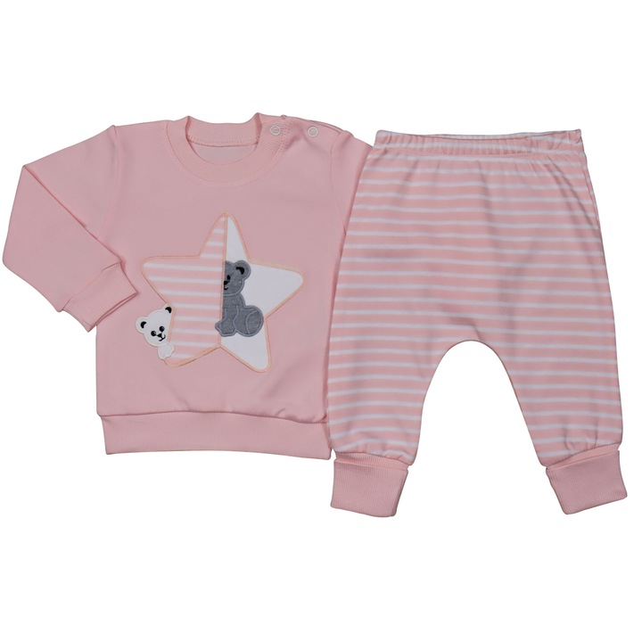 Compleu 2 Piese, Pentru Bebelusi Fetite, "Ursuleti" Bluza Cu Maneca Lunga Si Pantaloni Lungi, Bumbac, Roz pudrat