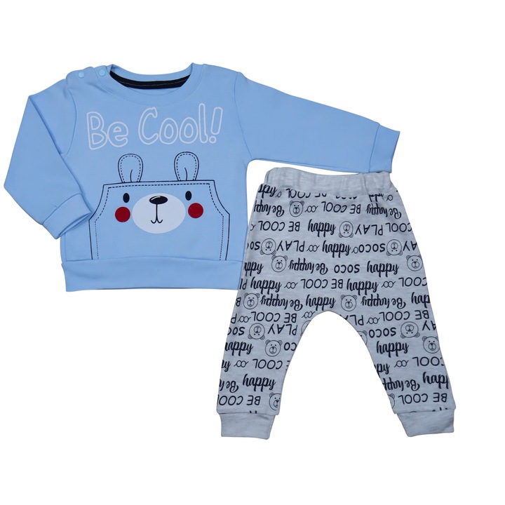 Compleu 2 Piese, Pentru Bebelusi Baieti, "Be Cool" Bluza Cu Maneca Lunga Si Pantaloni Lungi, Bumbac, Albastru deschis