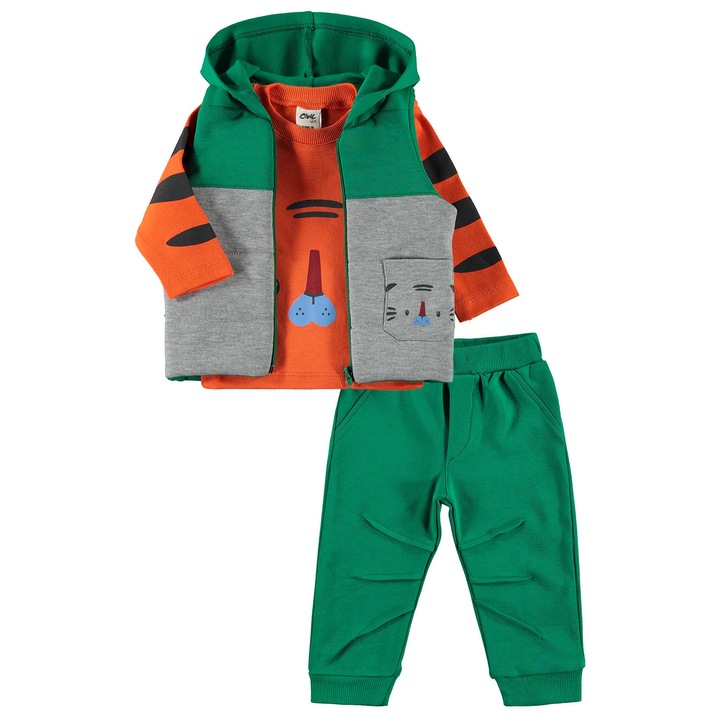 Compleu 3 piese MAJESTIC LION pentru copii/baietei, ERAKIDS, imprimeu "Leu", 100% bumbac premium, Verde/Portocaliu