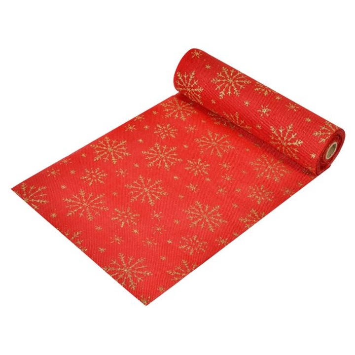 Napron decorativ pentru masa de Craciun Shopiens®, rosie model fulgi aurii cu glitter, 5 m x 24 cm