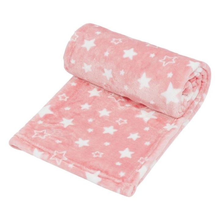 Babatakaró, bársonyos, kétoldalas, rózsaszín fehér csillagokkal, 140x100cm
