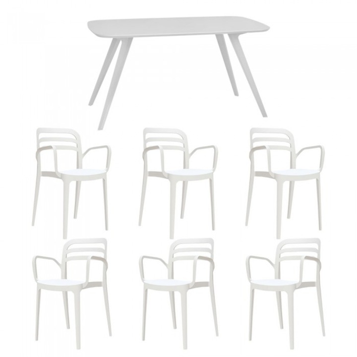 Set mobila bucatarie/sufragerie RAKI, masa alba 140x80xh75cm Keatley MDF/metal si 6 scaune polipropilena Aspendos 54x51xh82cm albe