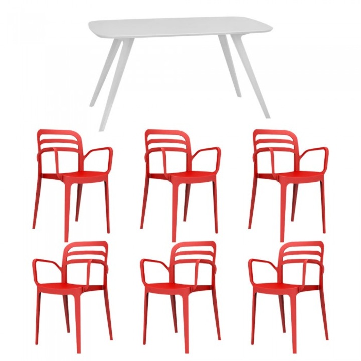 Set mobila bucatarie/sufragerie RAKI, masa alba 140x80xh75cm Keatley MDF/metal si 6 scaune polipropilena Aspendos 54x51xh82cm rosii