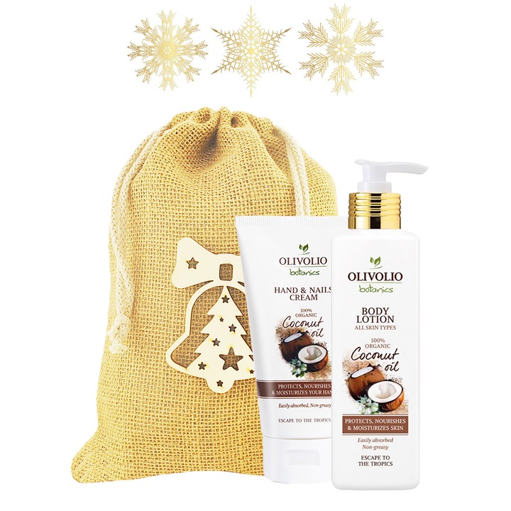 Juta táska készlet, fa figura és testápoló kozmetikumok, kókuszolajjal 150, 250ml