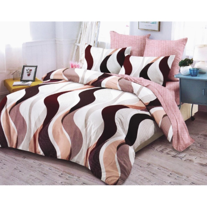 Lenjerie de pat pentru 2 persoane cu 6 piese, cearceaf cu elastic, 4 fete de perna, finet