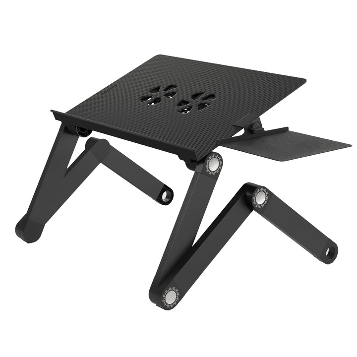 Masuta laptop regabila inaltime din aluminiu, masa cu sistem dublu ventilatie tip coller USB, Stabil pe birou, Ergonomic, Vaxiuja, Negru