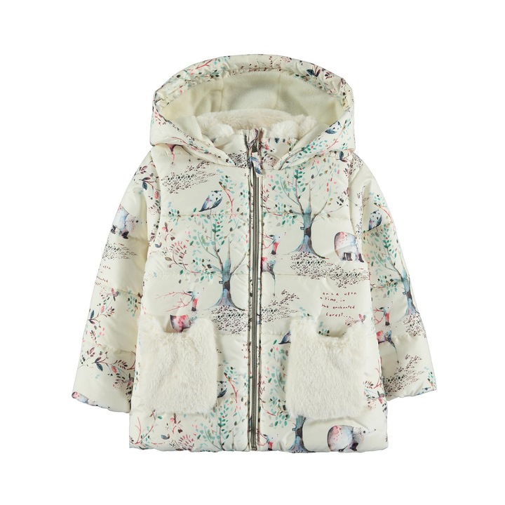 MAGICAL FOREST polár kabát kapucnival gyerekeknek/lányoknak, ERAKIDS, "Landscape" mintás, Ecru