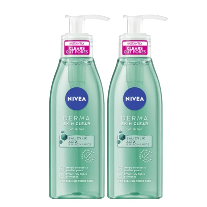 Set 2 x Gel pentru Curatarea Tenului Nivea Derma Clear, cu Pompita, 150 ml