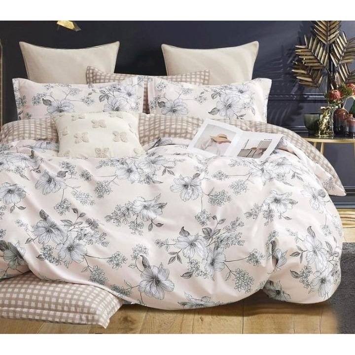 Lenjerie de pat dublu, Finet, 6 piese, 2 persoane, imprimeu Flori Desenate, 230x250cm, Multicolor