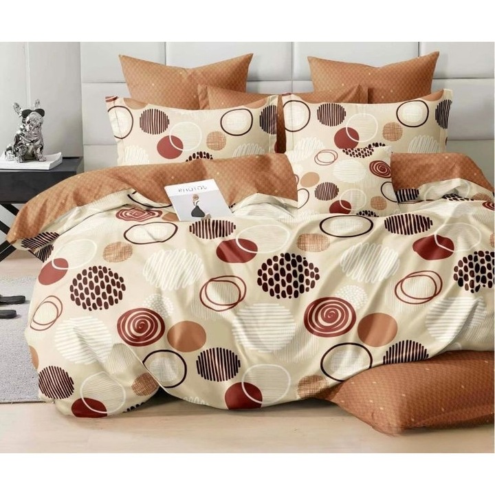 Lenjerie de pat dublu, Finet, 6 piese, 2 persoane, imprimeu Cercuri, 230x250cm, Multicolor