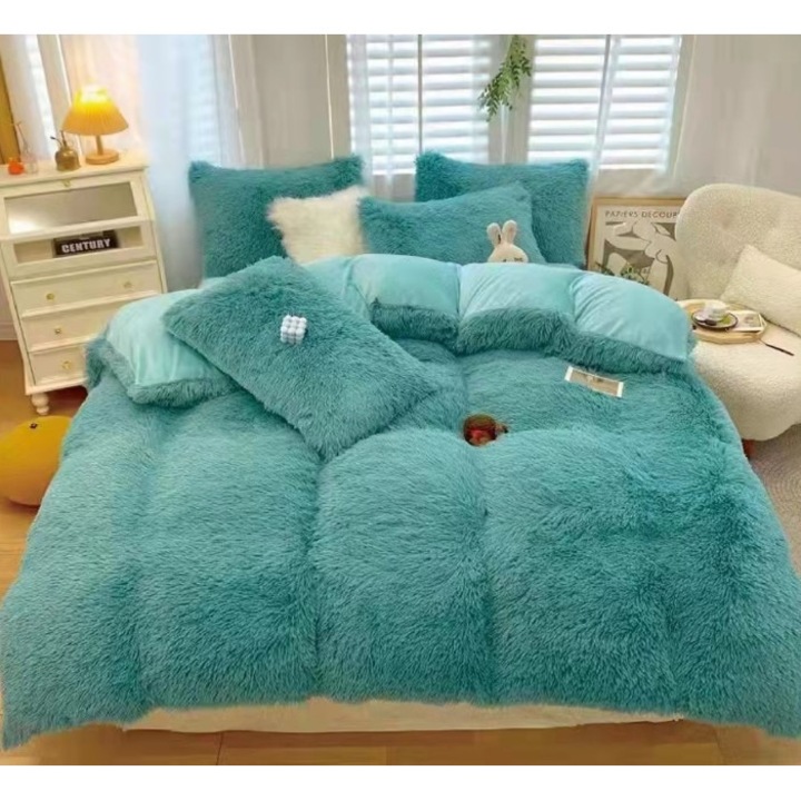 Спално бельо, Fluffy, 2 лица, 4 части, Plain, 220x240cm, Turquoise
