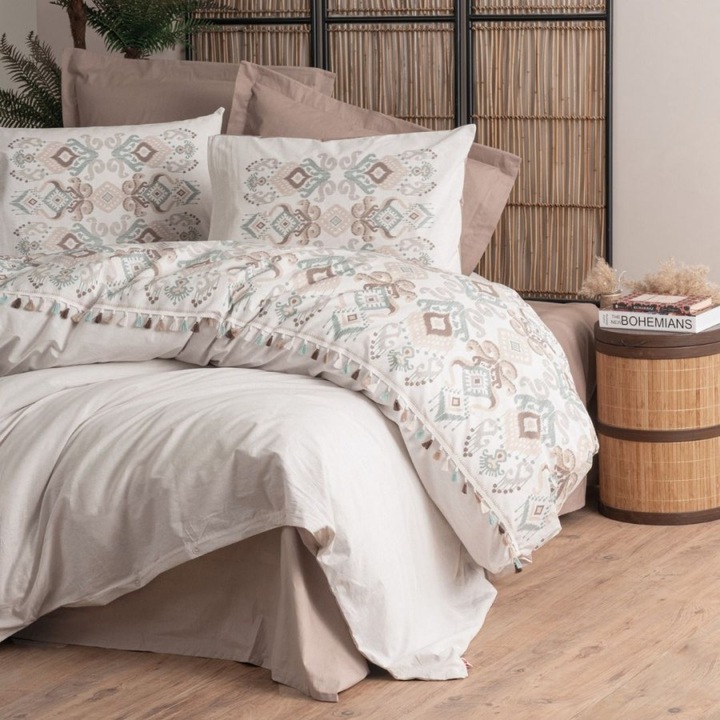 Lenjerie pat 1 persoana cu ciucuri, bumbac 100% ranforce, 3 piese, 160x240 cm, Cotton Box, Asilo Brown