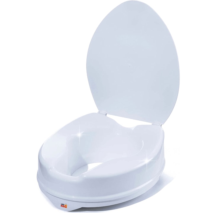 Inaltator WC cu capac Linomag®, 15 cm inaltime, Sistem de prindere reglabil pentru vasul de toaleta, Alb