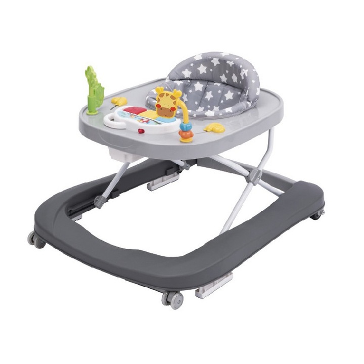 Bébikomp Premium 2 az 1-ben NOVOKIDS Little Giraffe Walker, 3 magassági fokozatban állítható, Sétálóvá alakítható, Csendes kerekek, Dalokkal, Állatok, Összecsukható, Szürke