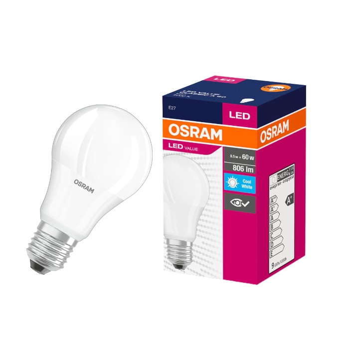 Bec Led OSRAM, 8,5W(60W), E27, Lumina Rece, 806 lm, Clasa Energetica F