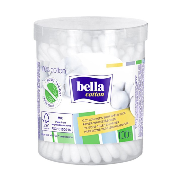 Set Betisoare Igienice cu 100% Bumbac, Bella, Cutie Rotunda, 6 Cutii x 100 Bucati