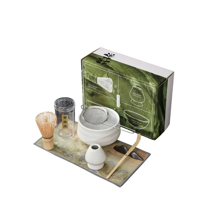 Комплект Matcha, WALALLA, бамбук/керамика, 7 части, бял/кафяв