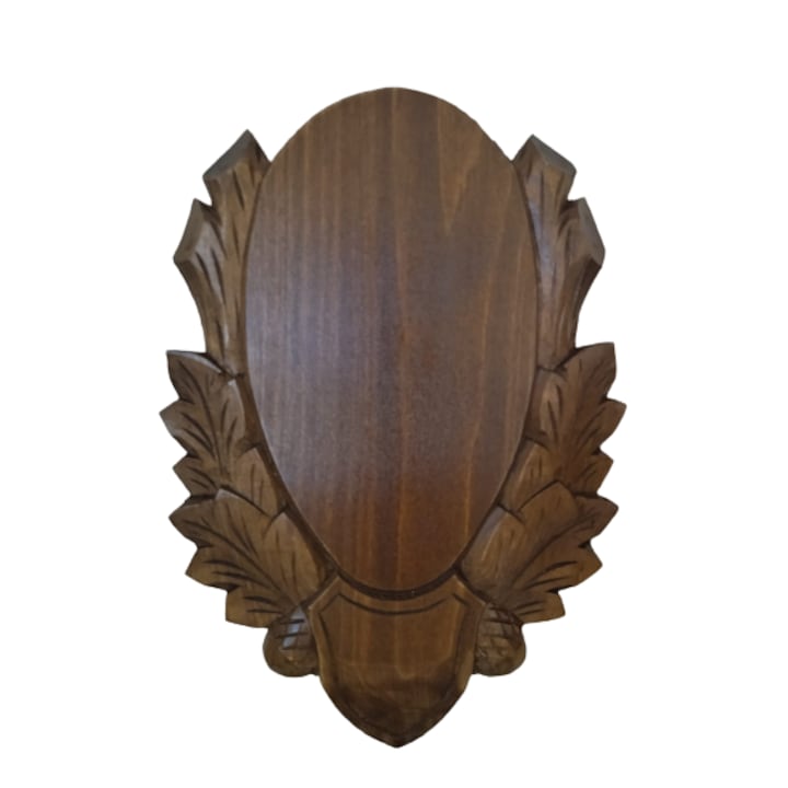 Panoplie sculptata, pentru trofeu caprior, lemn, maro inchis, 27x18.5 cm
