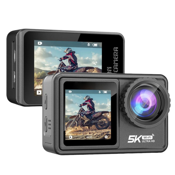 Camera video de actiune sport IARMAC, WIFI, 5K@30FPS, 4K@60FPS, 24MP, Ultra HD, Carcasa Waterproof, Set 6 lentile inclus, doua ecrane, Touch screen, rezistenta la apa 30 m, raza 170D, stabilizare electronica a imaginii (EIS), impermeabila, Neagra