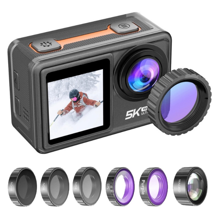 Camera video de actiune sport IARMAC, WIFI, 5K@30FPS, 4K@60FPS, 24MP, Ultra HD, Carcasa Waterproof, Set 6 lentile inclus, doua ecrane, Touch screen, rezistenta la apa 30 m, raza 170D, stabilizare electronica a imaginii (EIS), impermeabila, Neagra