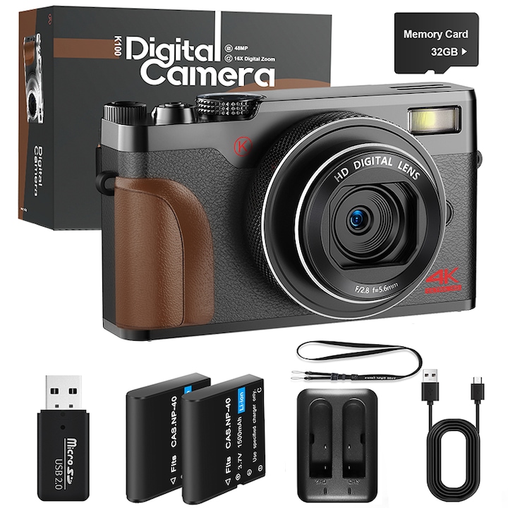 NBD® digitális fényképezőgép, 4K, 56 MP, 16X digitális zoom, 3,0", 32 GB-os SD-kártya, fekete