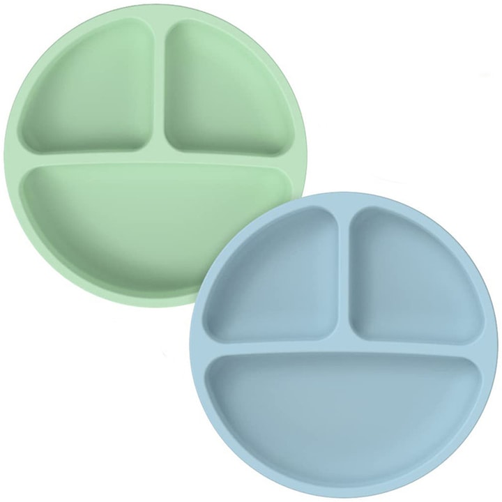 Комплект от 2 силиконови чинии за хранене на бебета, Ronyes®, 3 отделения, без алергени, KidsCare, синьо зелено