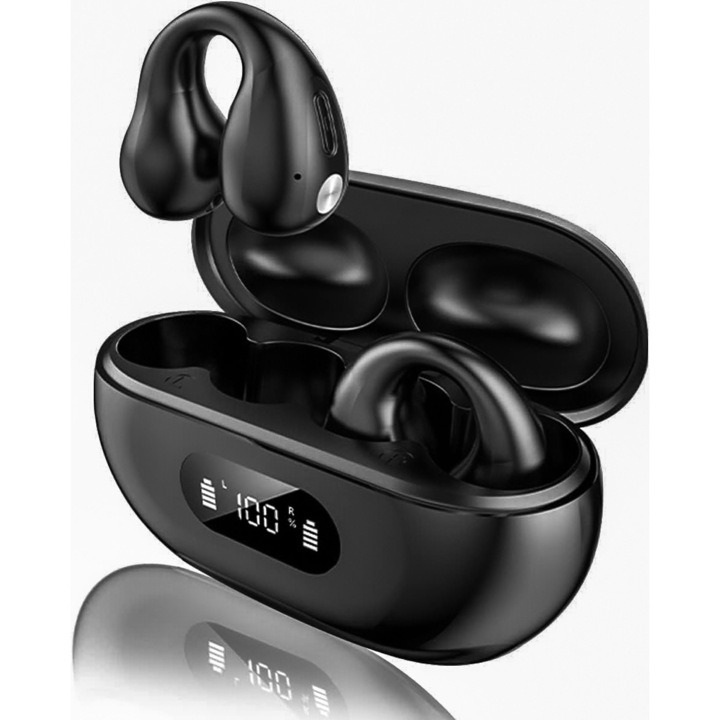 Casti Audio Wireless fara fir, HI-FI sound quality, Vichema Tech® LY6, Bluetooth 5.3, Clips pentru ureche, Control tactil, LED display, USB-C, Transmisie 10 metri, Waterproof IPX5, Autonomie 30h, Compatibilitate universala, Carcasa magnetica, Negru