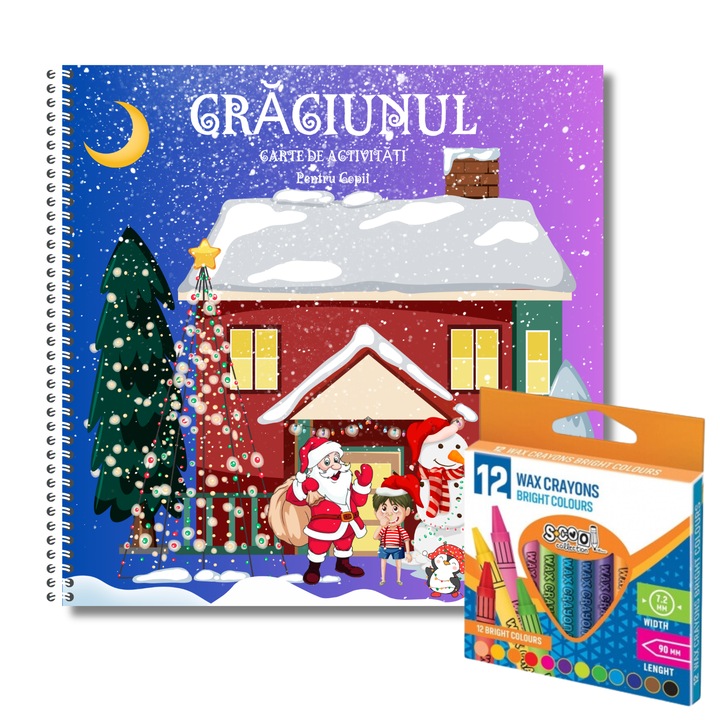 Craciunul, Carte de Activitati pentru Copii si Set 12 Creioane Colorate Cerate, 82 Pagini