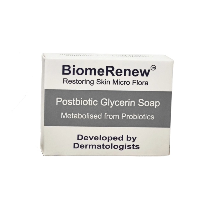 Хидратиращ сапун Biome Renew с PostBiotics, с глицерин, мощен ефект против акне, екзема, псориазис и себум, за суха/чувствителна кожа, 100 g