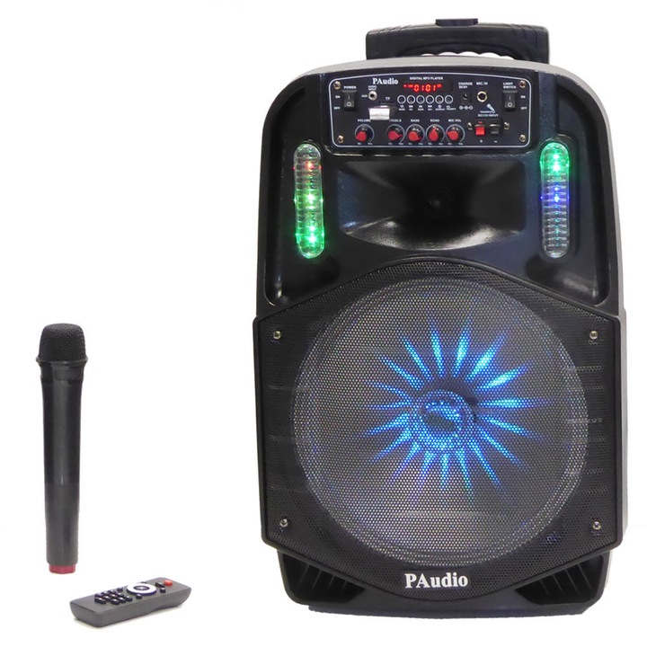 Boxa Portabila Karaoke PAudio PA-121, 12 inchi, Microfoane wireless, Bluetooth, radio FM, slot USB, micro SD