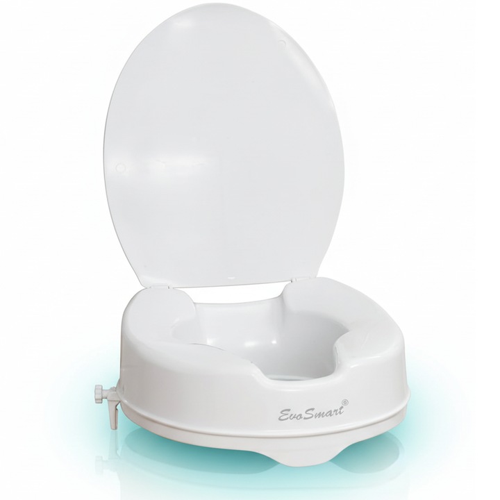 Inaltator WC cu Capac EvoSmart™, Inaltime 15 cm, Sistem Prindere Pentru Orice Toaleta, Sustinere 210 kg max, Alb