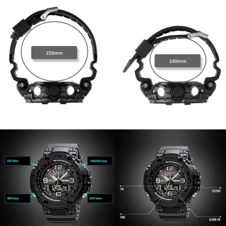 Военен спортен часовник, Skmei, мъжки, аналогов и цифров дисплей, водоустойчив 50M, удароустойчив, син / черен