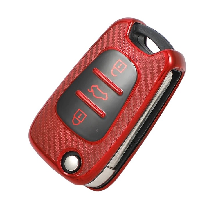Husa rosu carbon pentru cheie briceag Kia Sportage Rio 3 Soul Picanto Ceed Pro K5 K2 Hyundai i20 i30 ix20 ix35 Elantra Accent
