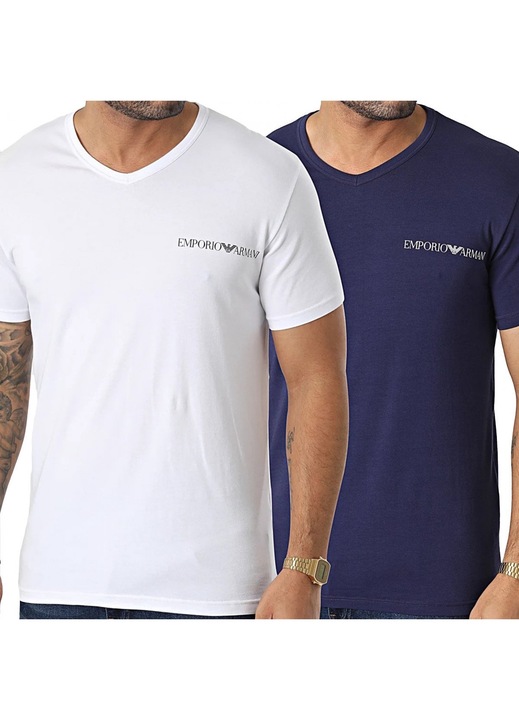 Set 2 barbati, Emporio Armani, Bumbac, Alb/Albastru, Alb/Albastru inchis, S
