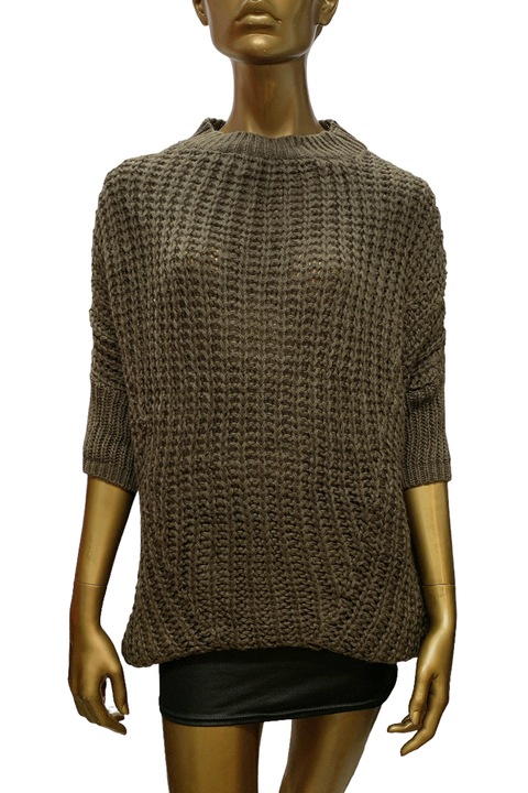 Pulover tricotat Fimfi pentru damă, mâneci 3/4, mărime mare, corp lejer, lână, Kaki