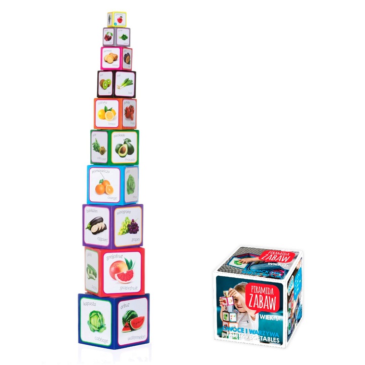 Играчка кубчета, Pyramid zabaw, Картон, 1+ години, Плодове и зеленчуци, Многоцветен