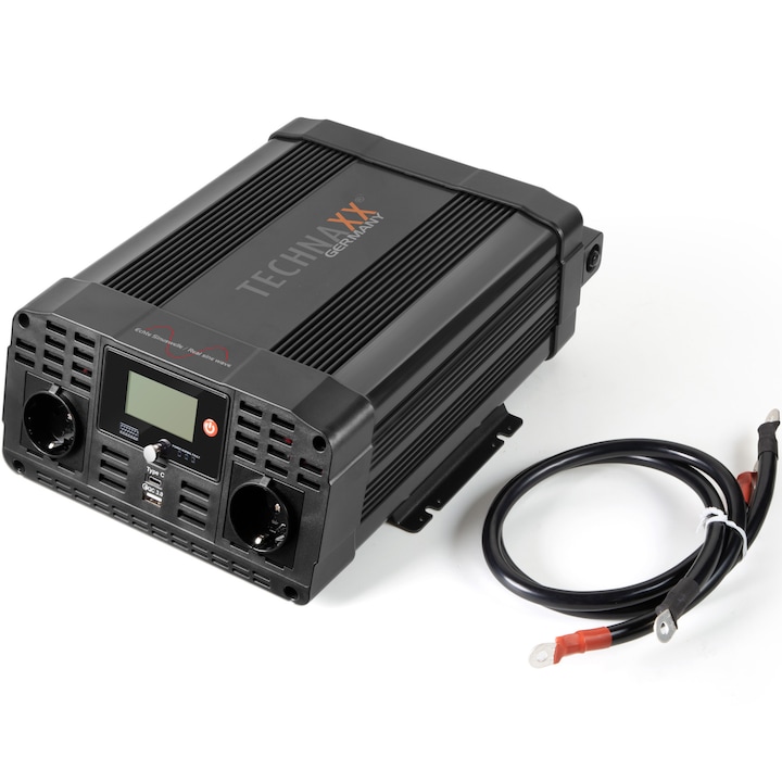 Invertor de tensiune Technaxx TE22, 2000W, alimentare 12V, iesire 230V, display LCD, USB-A, USB-C, negru