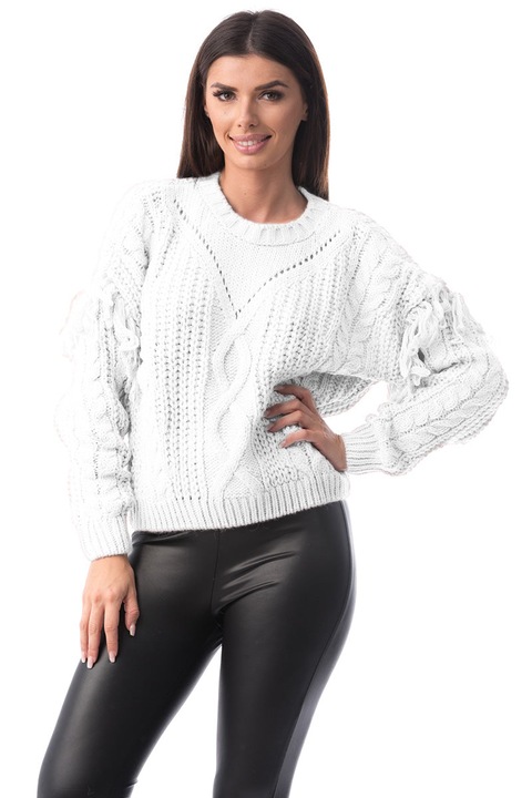 Pulover gros accesorizat cu franjuri in zona manecilor S/M, Alb